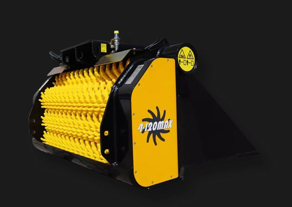 Siebschaufel mit gelber Rotorwalze für Bagger