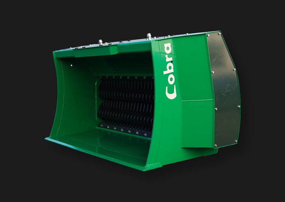 Cobra Sieblöffel für Bagger mit integrierter Brecheinheit grüner Anbaugerät für Recycling und Abbrucharbeiten