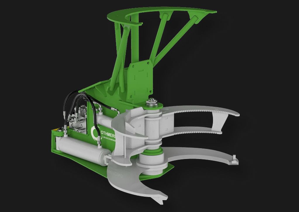 Hydraulischer Fällgreifer freigestellt auf schwarzem Hintergrund