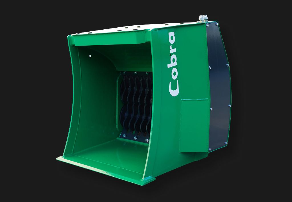 Cobra Sieblöffel für Bagger mit integrierter Brecheinheit grüner Anbaugerät für Recycling und Abbrucharbeiten