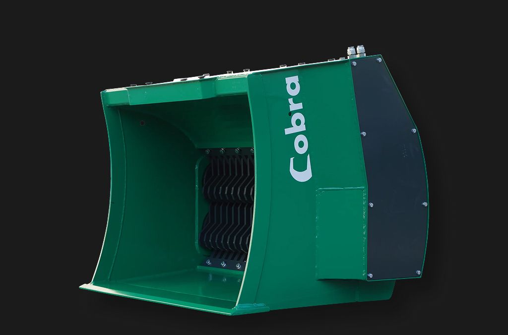 Cobra Sieblöffel für Bagger mit integrierter Brecheinheit grüner Anbaugerät für Recycling und Abbrucharbeiten